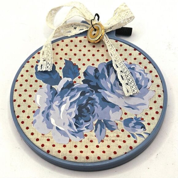 "5/$25" Small Handmade Embroidery Hoop Red Floral White & Blue Wall Hanging Art - Picture 2 of 5